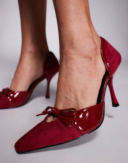 Public Desire Wide Fit Makenna pointed pumps with cutout and bow in burgundy  | ASOS