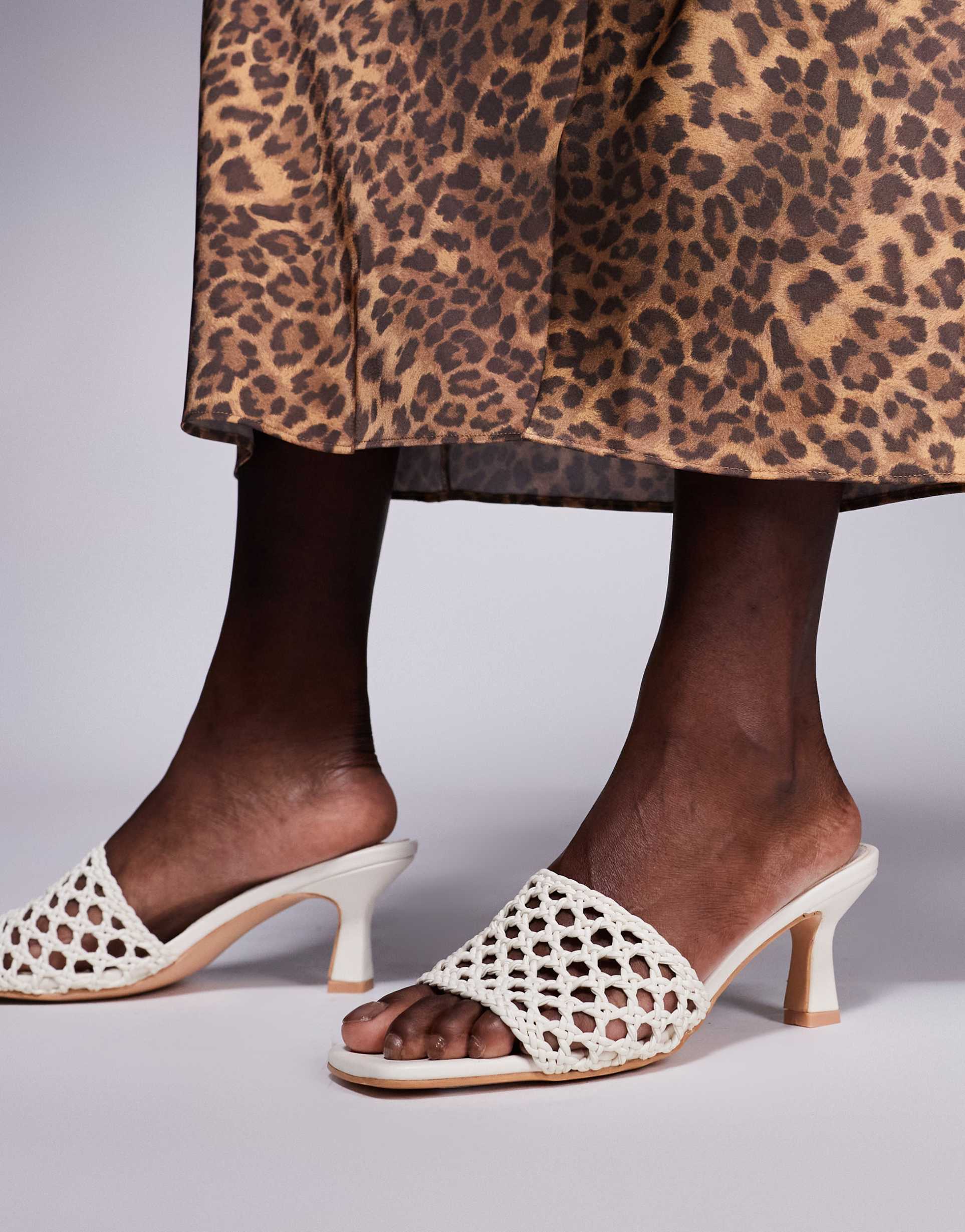 public desire wide fit maribelle woven kitten heel mule sandals in cream