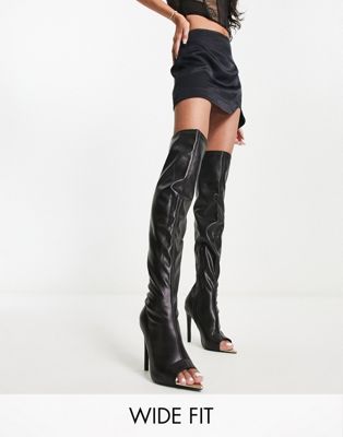Public Desire Wide Fit metal toe heeled knee boots in black