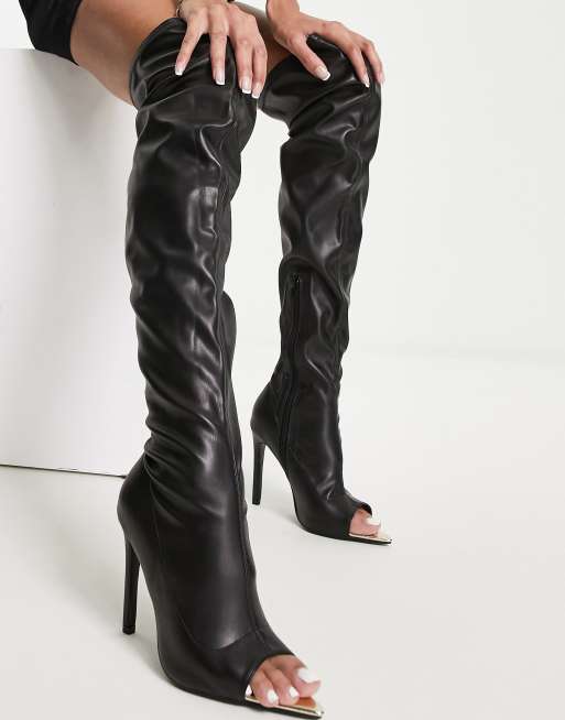 Public Desire Wide Fit metal toe heeled knee boots in black