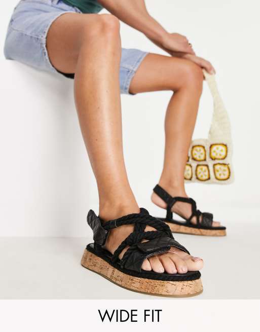 Public Desire Wide Fit Miami quilted rope flatform sandals in black