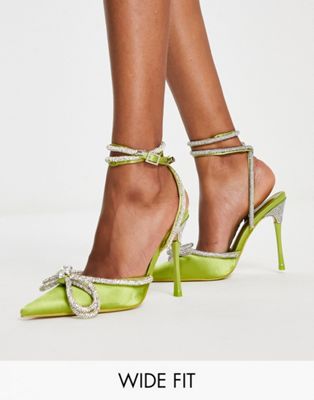 Public Desire Wide Fit Midnight bow heel shoes in olive satin - ASOS Price Checker