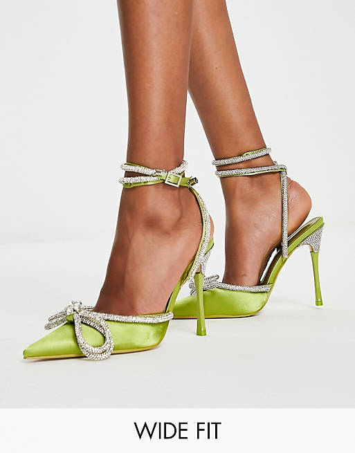 Locomotive Issue Motivation Public Desire Wide Fit Midnight bow heel shoes in olive satin | ASOS