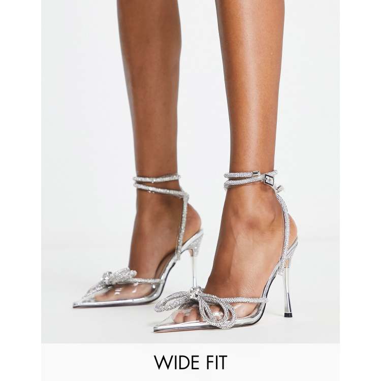 Silver Wide Fit Diamante Knot Mid Heeled Courts