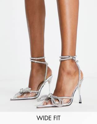 Midnight heeled shoes with rhinestone bow detail in silver-Clear