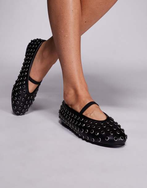 Public Desire Wide Fit Mina studded ballet flats in black - view 1