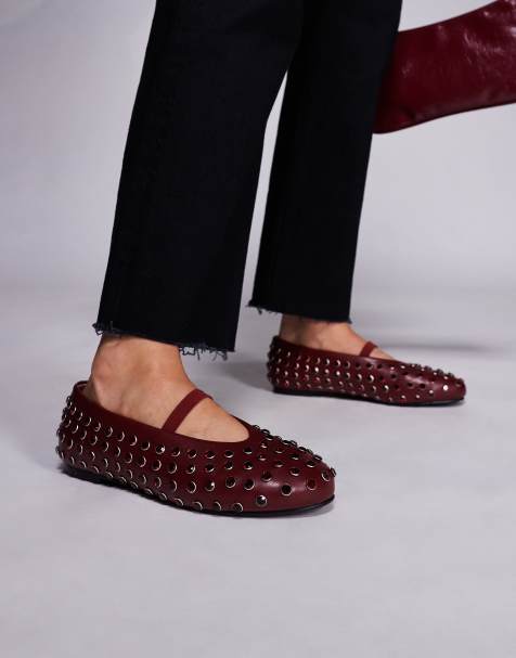 Public Desire Wide Fit Mina studded ballet flats in burgundy - view 1