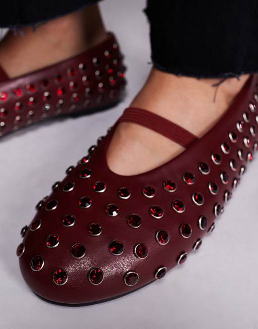 Public Desire Wide Fit Mina studded ballet flats in burgundy