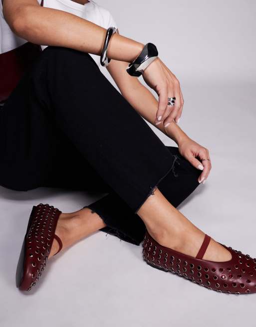 Public Desire Wide Fit Mina studded ballet flats in burgundy
