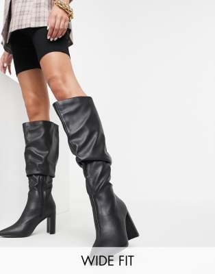 Public Desire Wide Fit Mine slouch knee boots in black