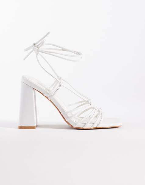 Public Desire Wide Fit Misty tie leg block heeled sandals in white - view 1