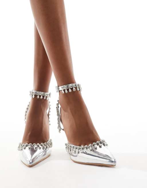 Public Desire Wide Fit Multigem embellished heeled shoes in silver