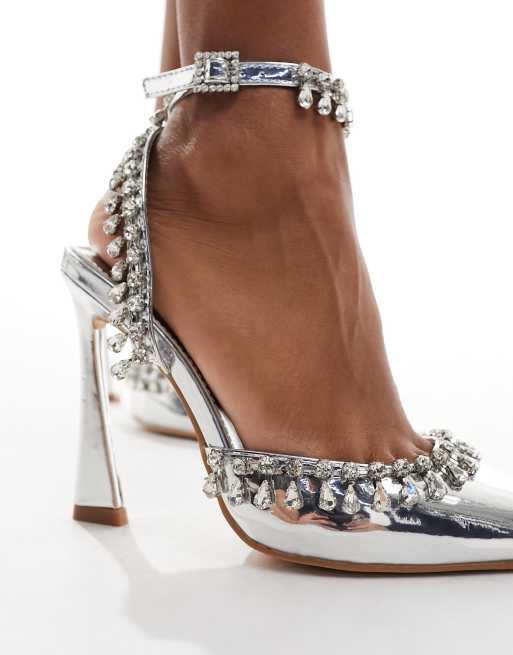 Public Desire Wide Fit Multigem embellished heeled shoes in silver