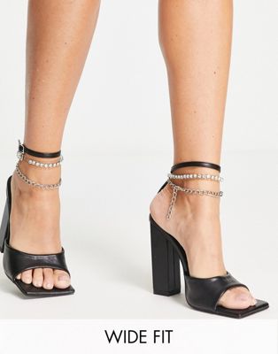 Public Desire Wide Fit Nade double embellished strap mid sandals in black