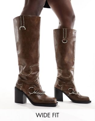 Public Desire Wide Fit Nashville knee boot with hardware in distressed brown