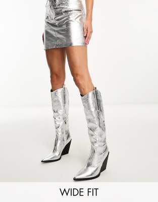 Public Desire Wide Fit - Navada - Kniehohe Cowboystiefel in strukturiertem Silber