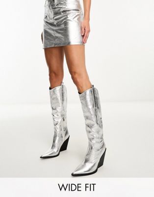 Public Desire Wide Fit Navada Western Knee Boot In Textured Silver