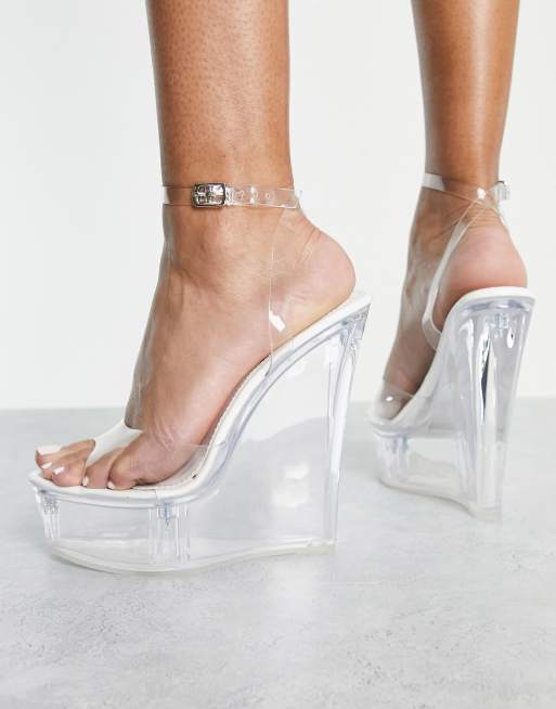 Public Desire Wide Fit Nikki wedge sandals in clear and white