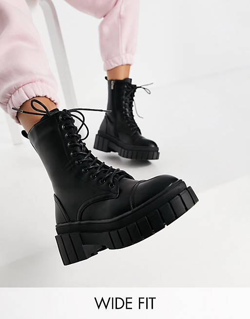 Public Desire Wide Fit Omega chunky lace up boots in black
