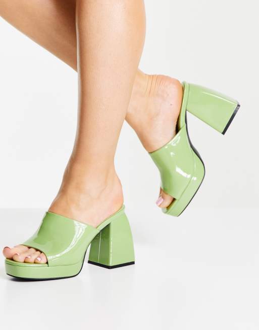 Public Desire Wide Fit Oreo heeled mules in lime patent, 2 of 4