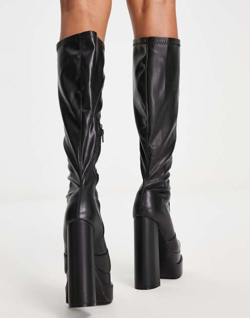 Public Desire Wide Fit Passive second skin over the knee platform boots in black , 2 of 4