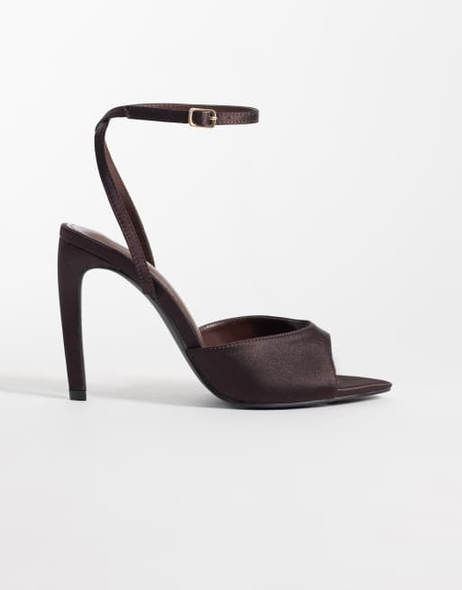 Public Desire Wide Fit peep toe heeled sandals in chocolate satin