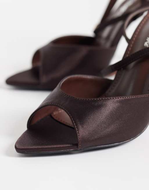 Public Desire Wide Fit peep toe heeled sandals in chocolate satin, 2 of 4