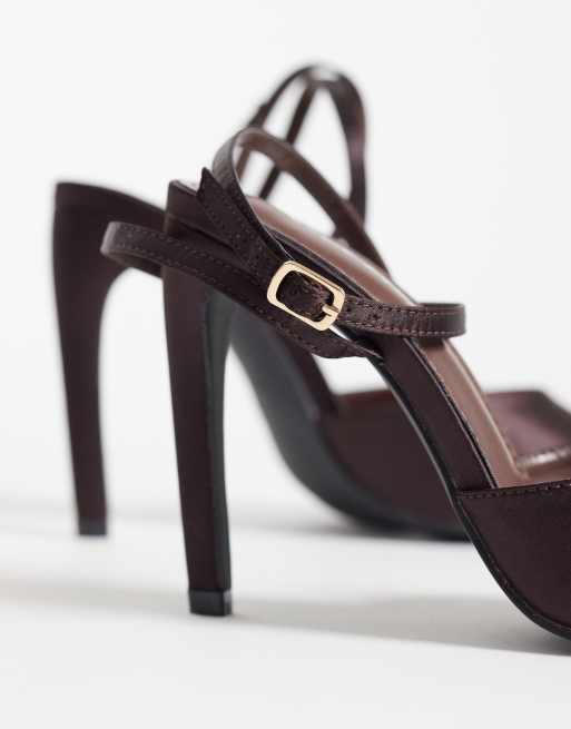 Public Desire Wide Fit peep toe heeled sandals in chocolate satin, 3 of 4
