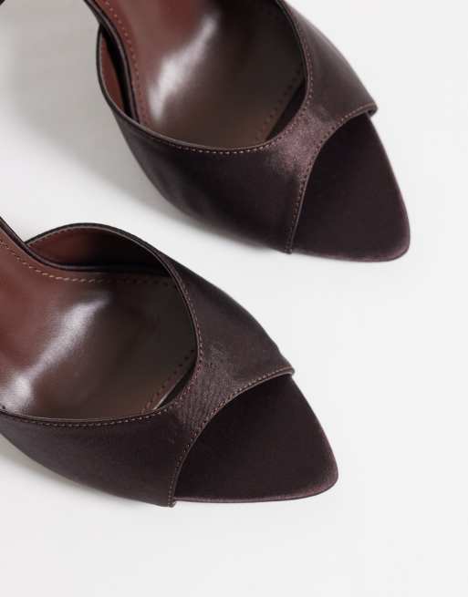 Public Desire Wide Fit peep toe heeled sandals in chocolate satin, 4 of 4