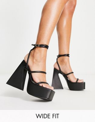 Public Desire Wide Fit Pierce platform strappy sandals with flare heel in black