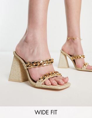 Public Desire Wide Fit Pina Raffia Sandals With Chain In Ecru-white