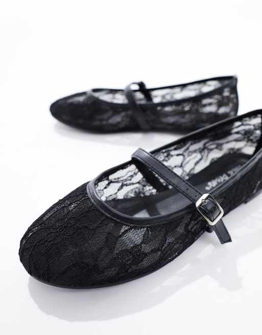 Public Desire Wide Fit Pirouette lace mary jane ballet flats in black ...