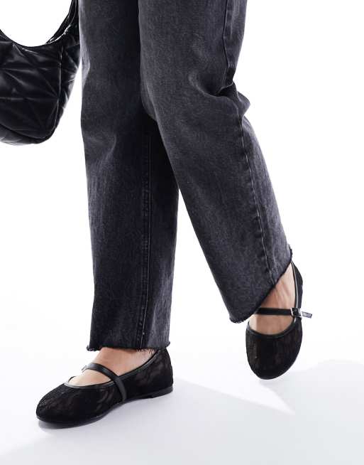 Public Desire Wide Fit Pirouette lace mary jane ballet flats in black ...