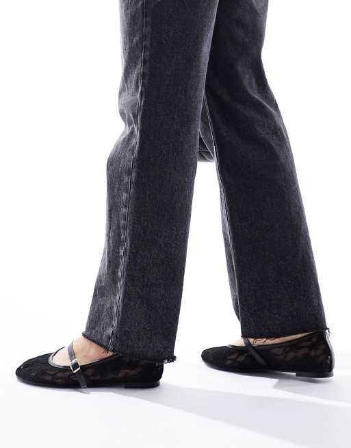 Public Desire Wide Fit Pirouette lace mary jane ballet flats in black ...