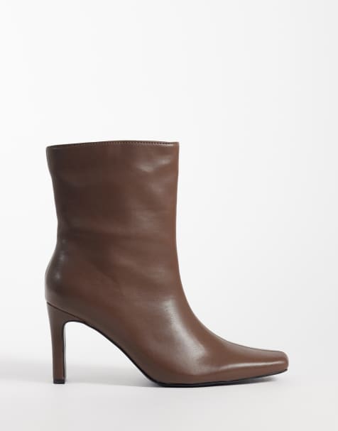 Public Desire Wide Fit Pixar heeled high ankle boots with chisel toe in brown - view 1