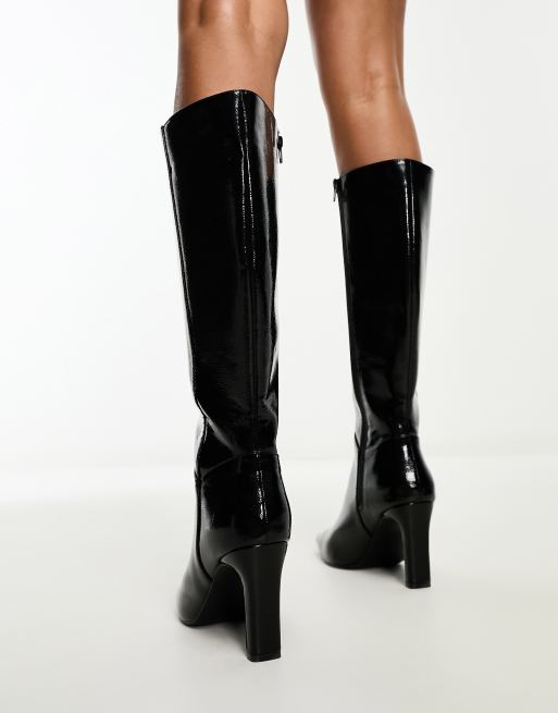 Public Desire Wide Fit Pose heeled knee boots in black textured , 2 of 4