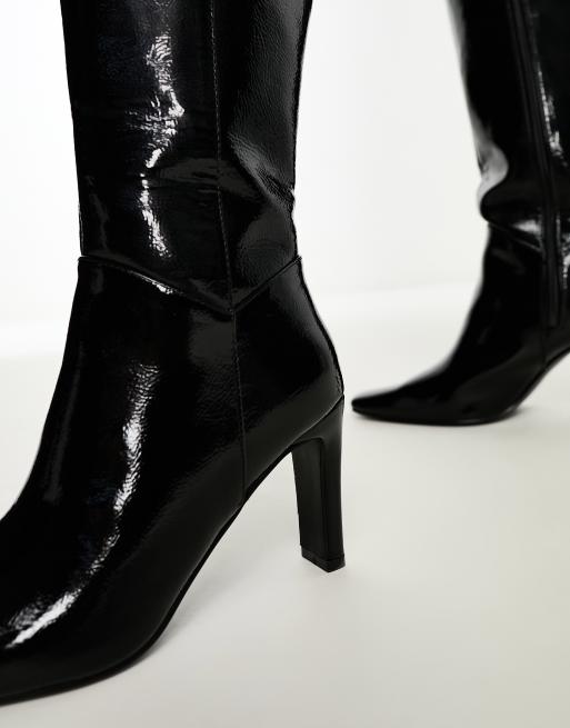 Public Desire Wide Fit Pose heeled knee boots in black textured , 3 of 4