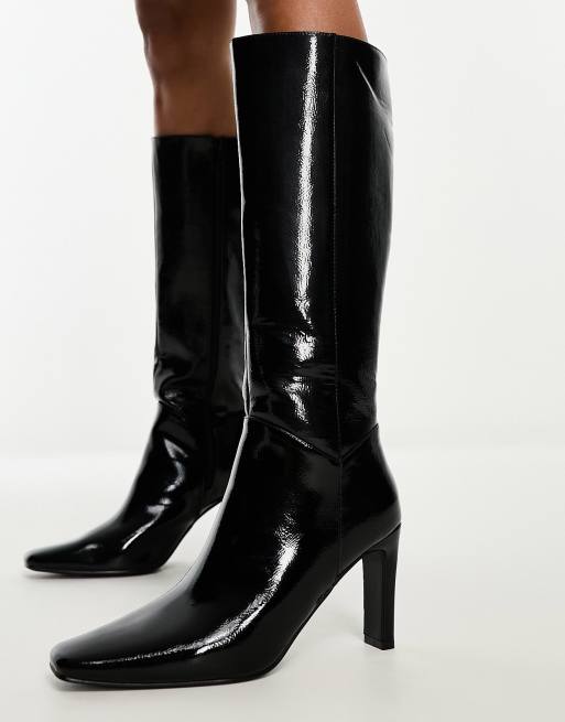 Public Desire Wide Fit Pose heeled knee boots in black textured , 4 of 4