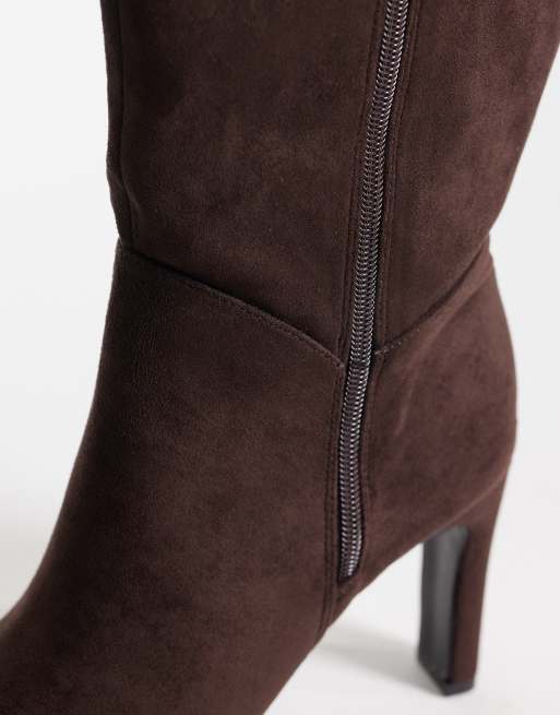 Public Desire Wide Fit Pose heeled knee boots in chocolate suedette, 2 of 4