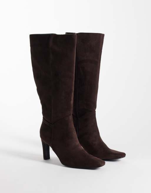 Public Desire Wide Fit Pose heeled knee boots in chocolate suedette, 3 of 4