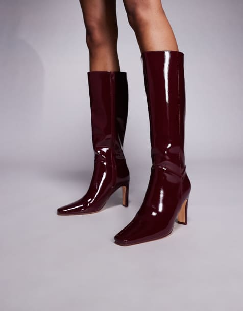 Public Desire Wide Fit Pose square toe heeled knee boots in burgundy - view 1