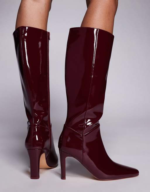 Public Desire Wide Fit Pose square toe heeled knee boots in burgundy