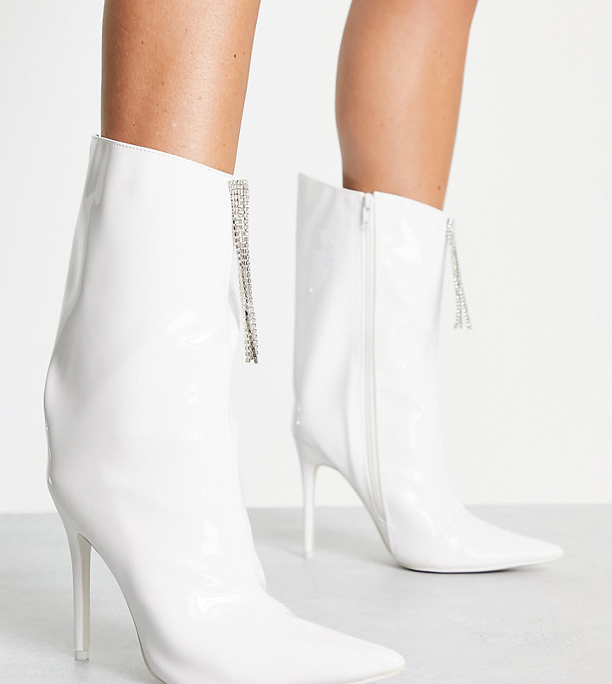 Public Desire Wide Fit Quince high ankle boots with embellished front in white patent