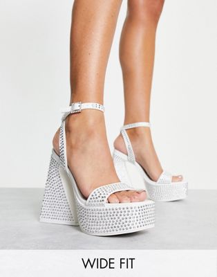 Public Desire Wide Fit Raquel platform rhinestone sandals with flare heel in white