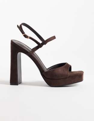 Public Desire Wide Fit Rhoda Platform Heeled Sandals In Brown