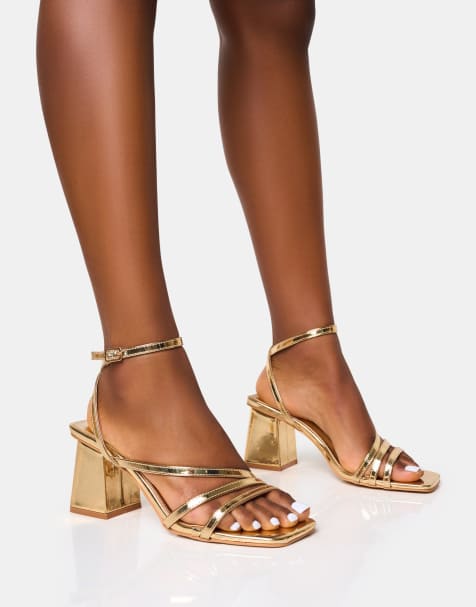 Public Desire Wide Fit Robin wide fit strappy square toe mid block heels in gold - view 1