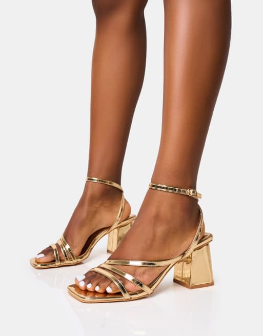 Public Desire Wide Fit Robin wide fit strappy square toe mid block heels in gold, 3 of 4