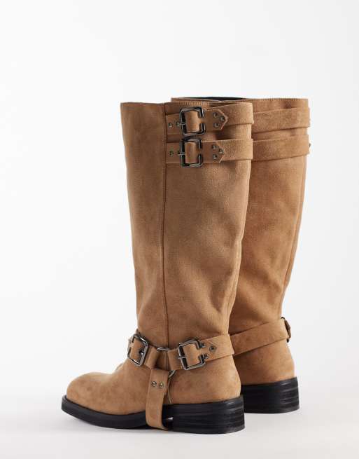 Public Desire Wide Fit Rooftop harness knee boots in taupe suedette, 2 of 4