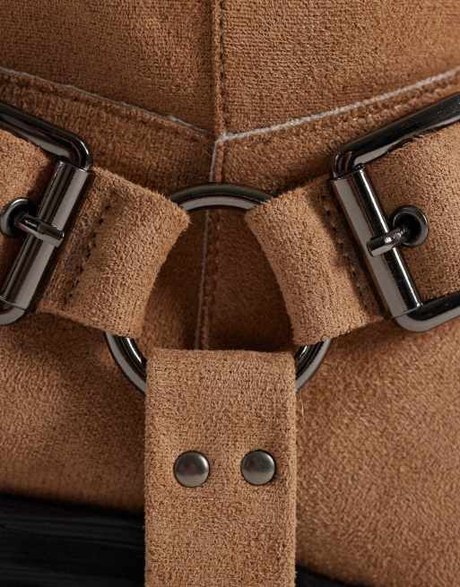Public Desire Wide Fit Rooftop harness knee boots in taupe suedette, 3 of 4