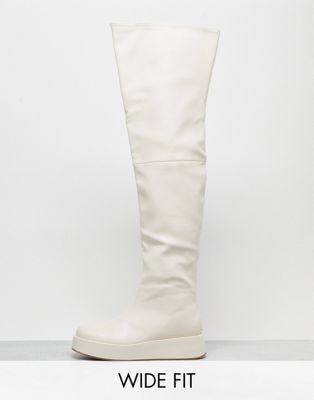Public Desire Wide Fit Rosie Flat Over The Knee Boots In Cream-white